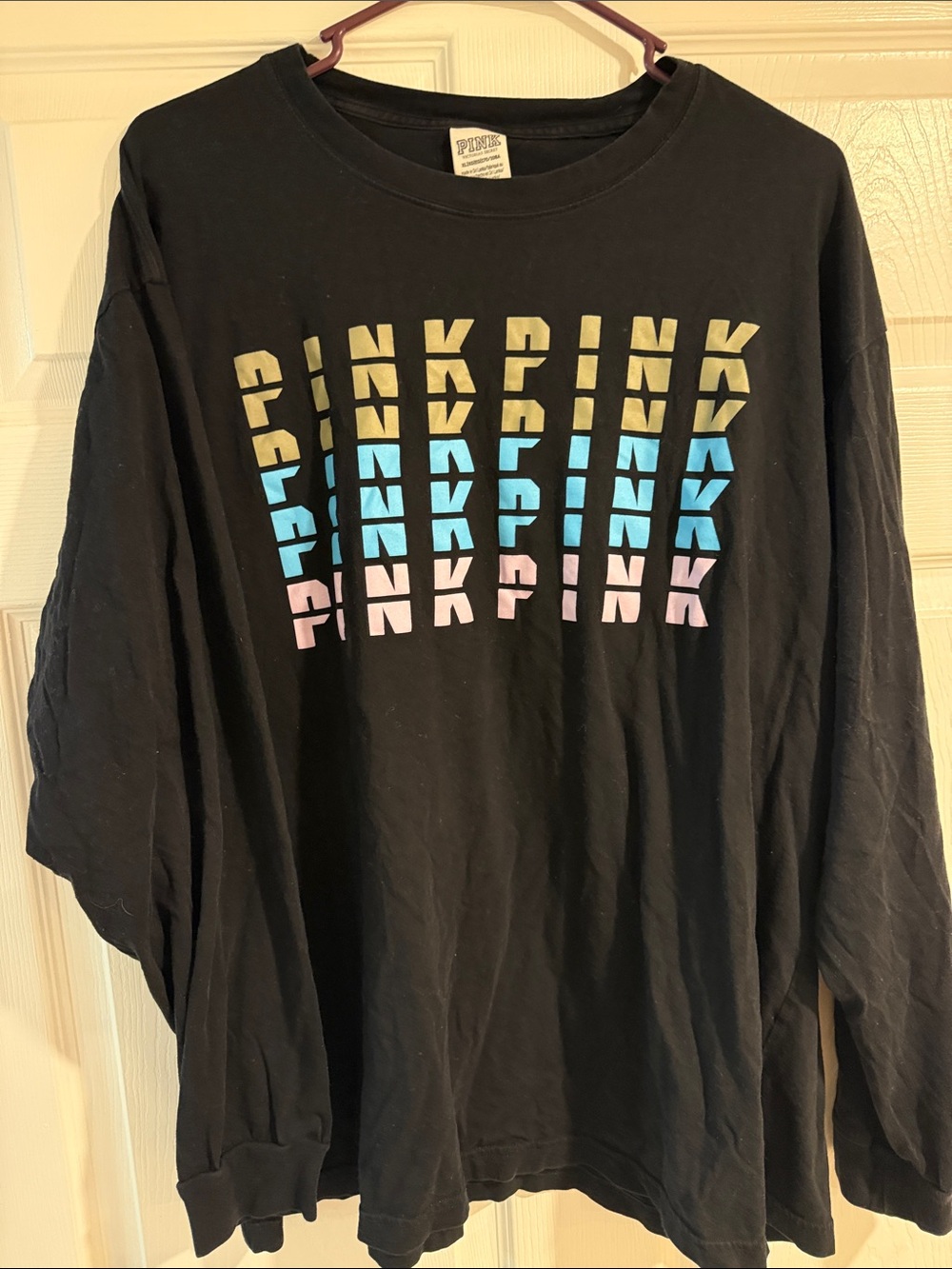 PINK Victoria's Secret Black Long-Sleeve Tee with Yellow-Blue-Pink Ombre Logo